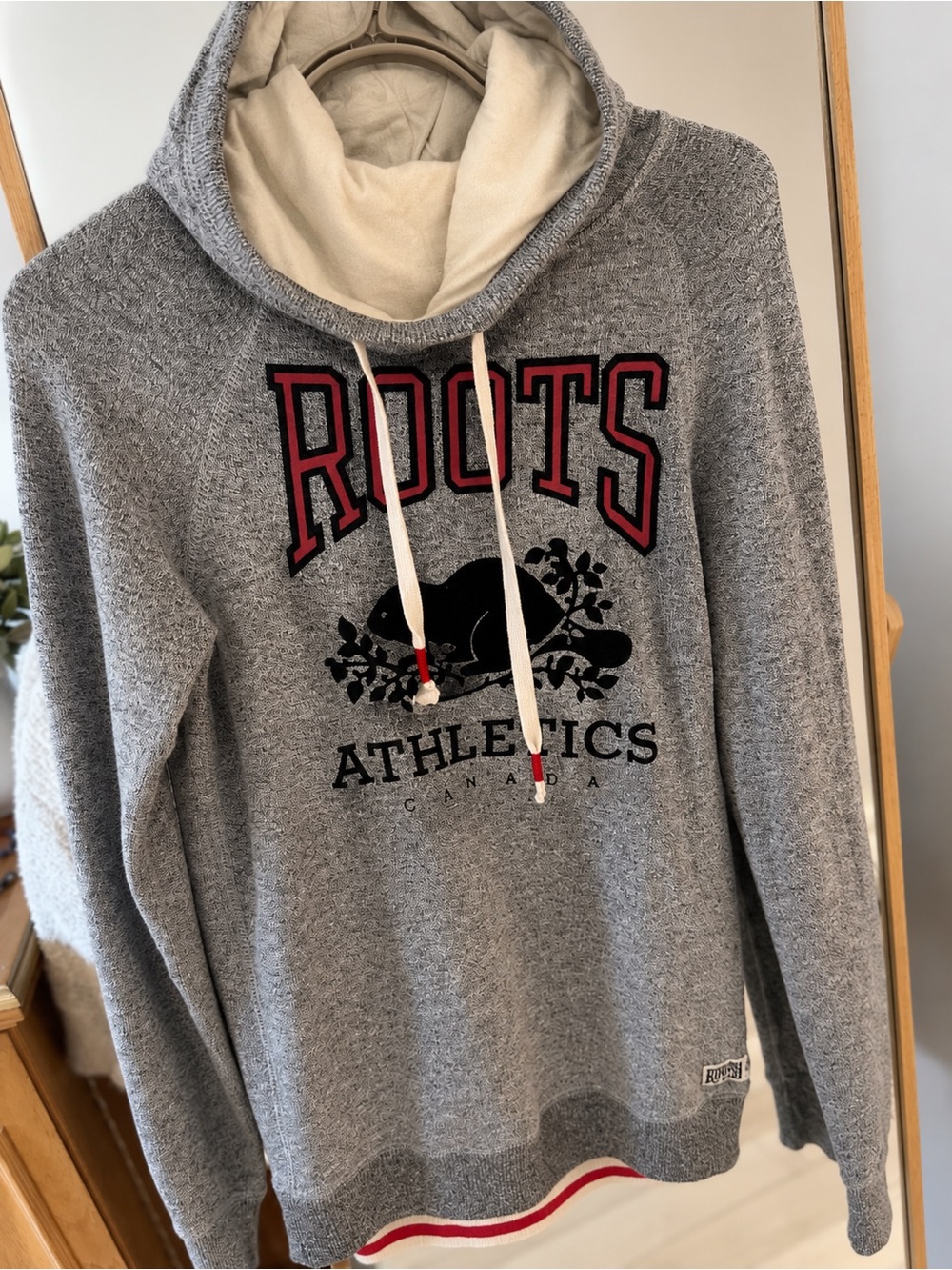 Roots women’s salt and pepper Hoodie with Cream Lined Hood and Red Accents